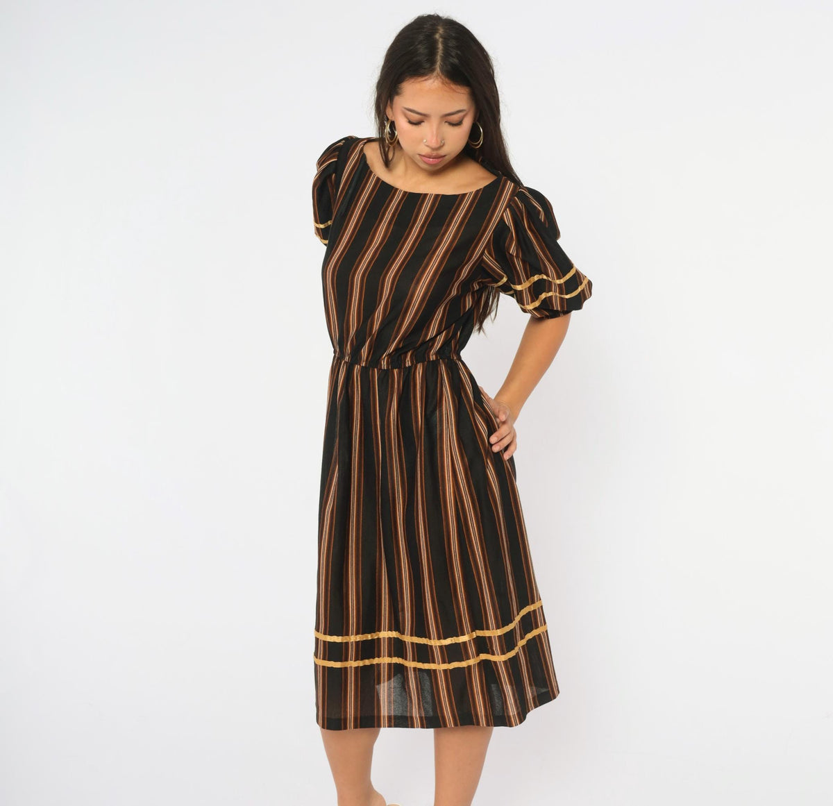 80s Jane Baar Striped Dress Puff Sleeve Gold Ribbon Trim Knee Length Small
