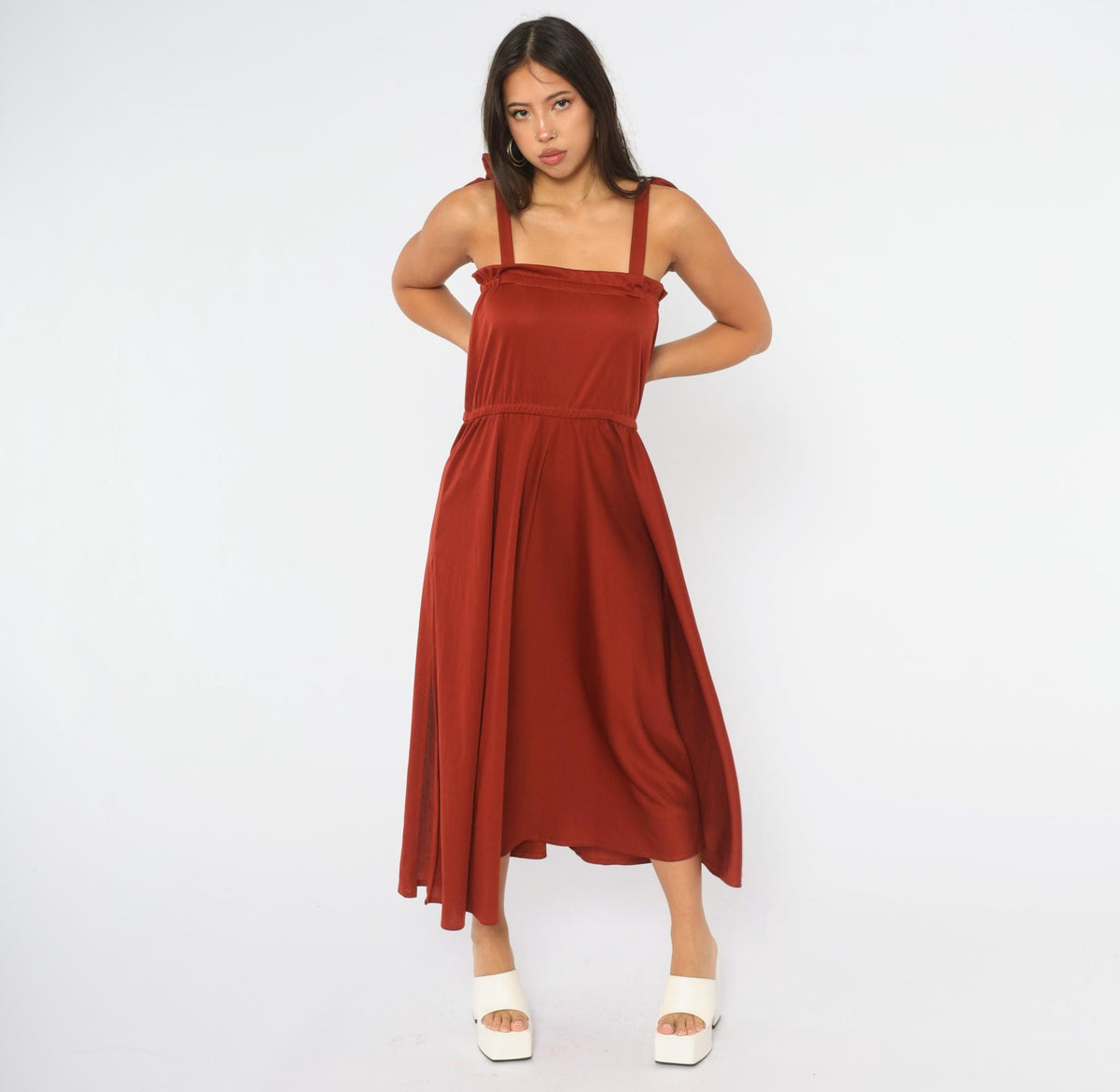 70s Rust Red Midi Dress Tie Shoulder Sleeveless A-Line Full Skirt Small