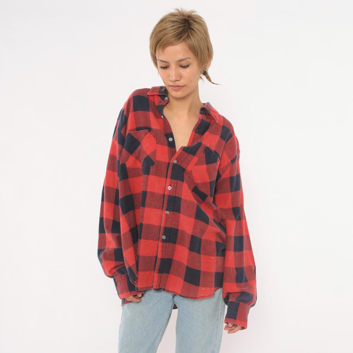 90s Hunter's Lane Buffalo Plaid Flannel Shirt Red Navy Cotton Extra Large