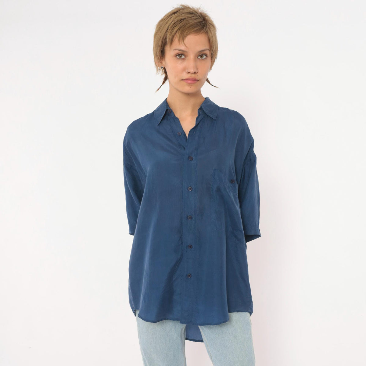 90s Franco Biani Navy Silk Button-Up Shirt Small