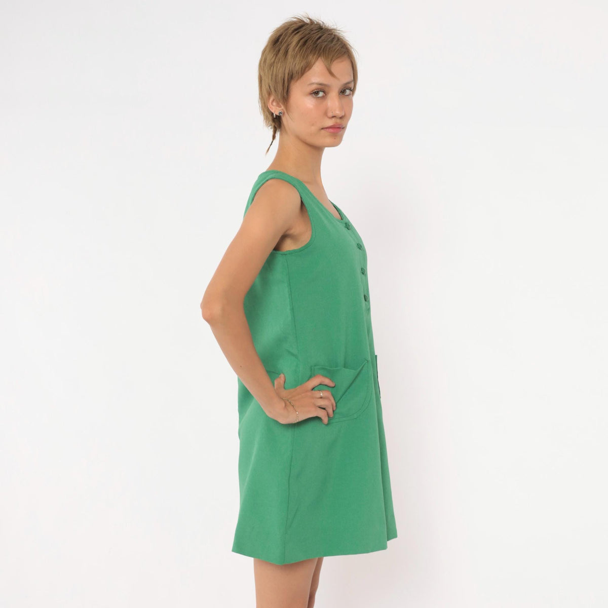 80s Kelly Green Mini Dress Sleeveless A-Line Shift Scoop Neck Extra Small XS