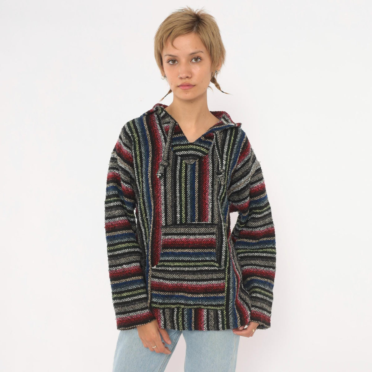 90s Artesanias Cuamatz Baja Hoodie Black Rainbow Stripe Woven Pullover Large L