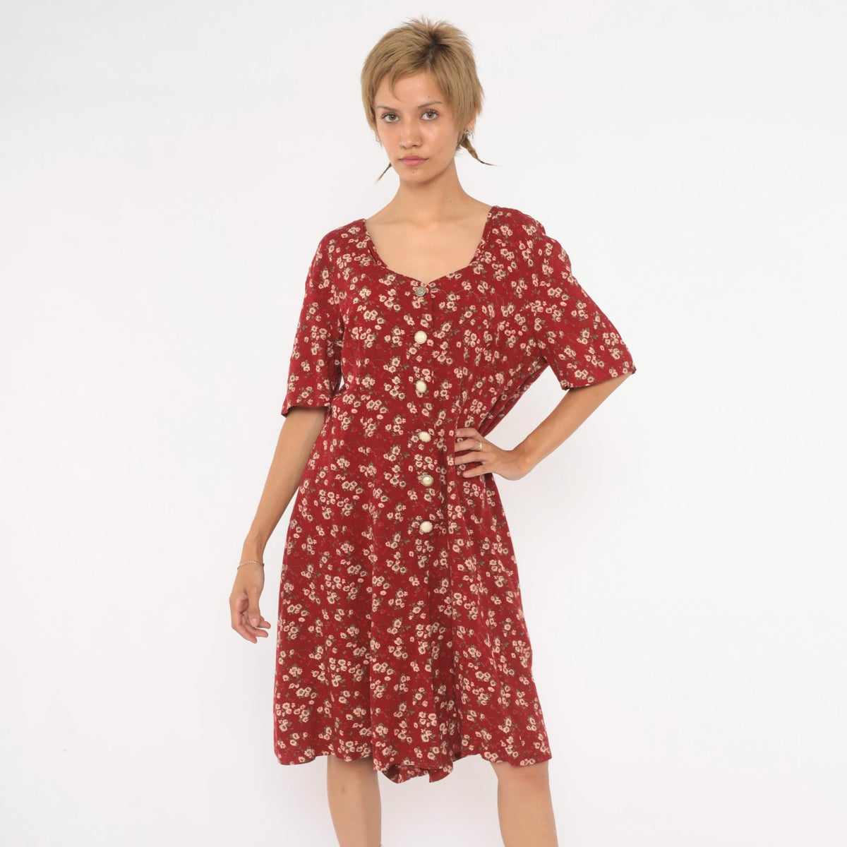 90s Sunshine Starshine Floral Romper Red Cream Sweetheart Neckline Large L