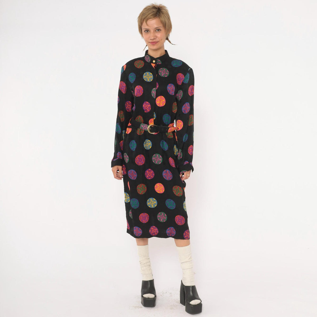 80s Gay Boyer Collections Black Silk Midi Dress Medallion Print Mandarin Collar Medium