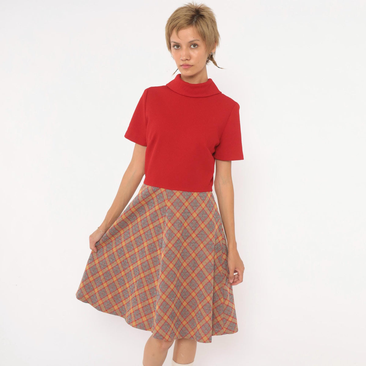 60s Mod Dress Red Plaid A-Line Mock Neck Short Sleeve Knee Length Medium M