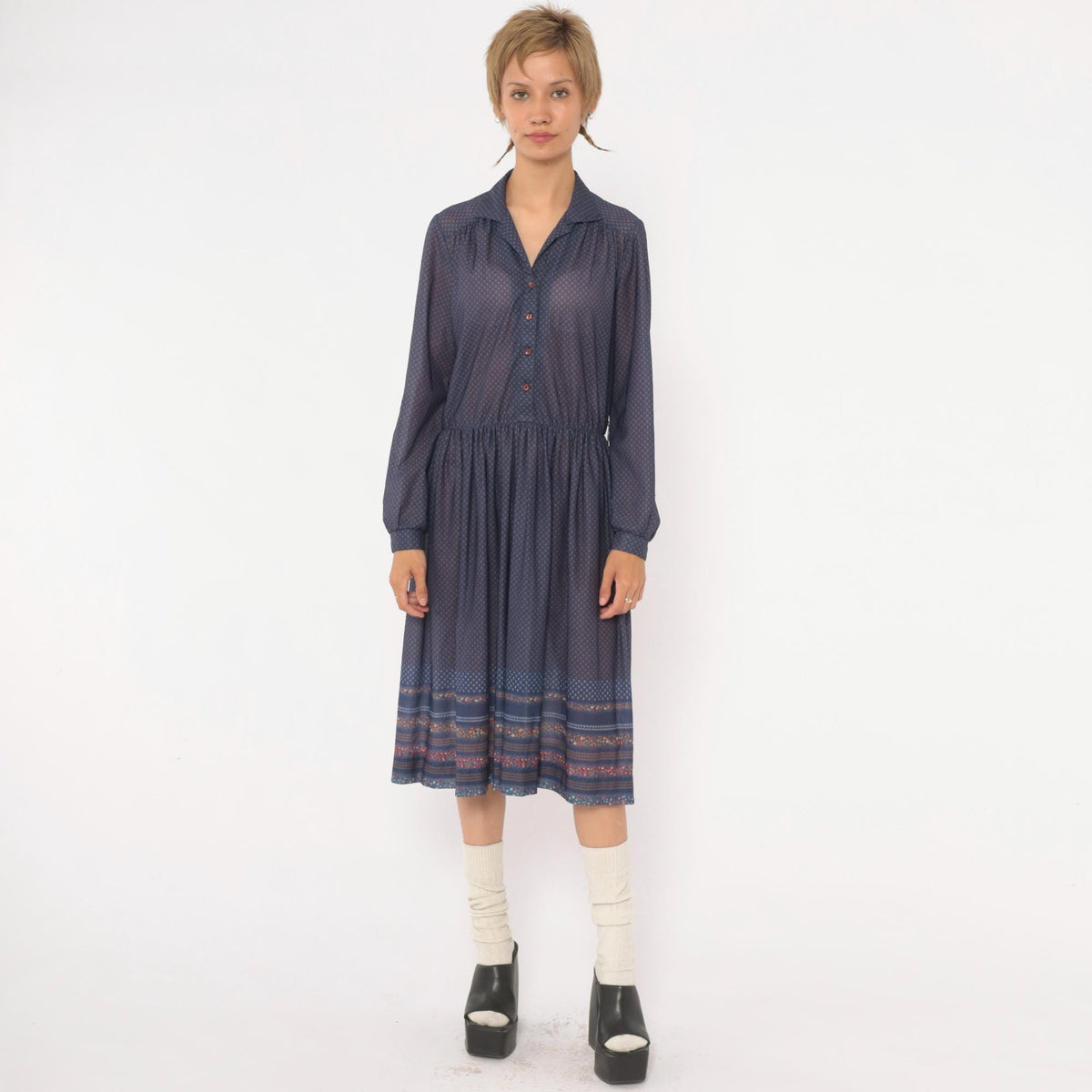70s Navy Diamond Print Drop Waist Dress Collared Button Front Medium