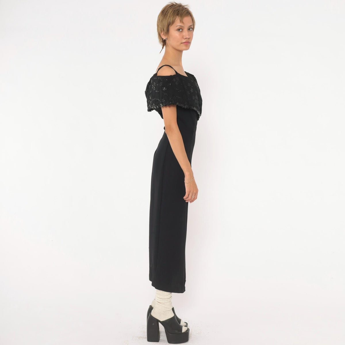 90s J. R. Nites Black Sequin Maxi Dress Off-Shoulder Floral Embroidered Collar Large L