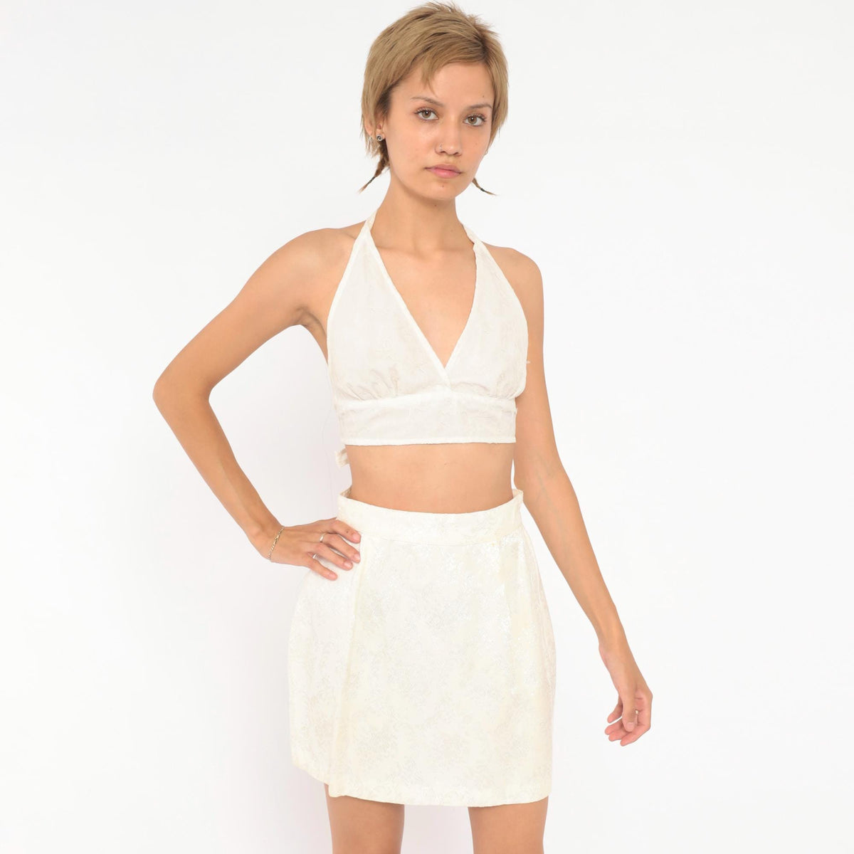 90s Contempo Casuals White Brocade Mini Skirt Floral Damask High Waist XS