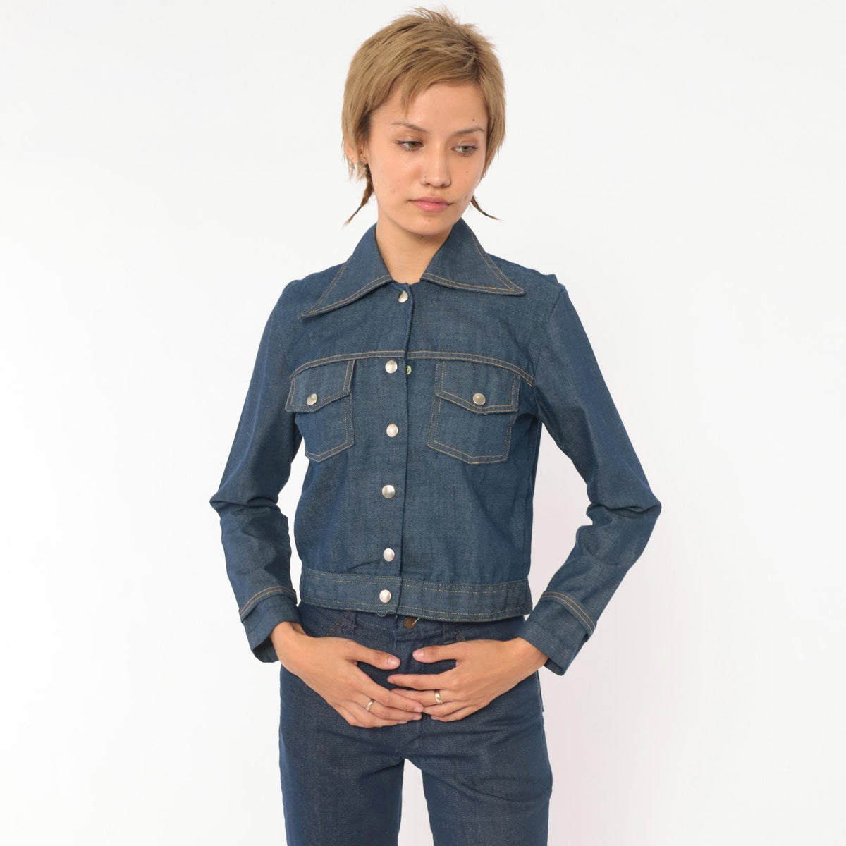 80s Bogart of Texas Denim Two Piece Set Cobalt Blue Cropped Jacket Flare Jeans Extra Extra Small XXS