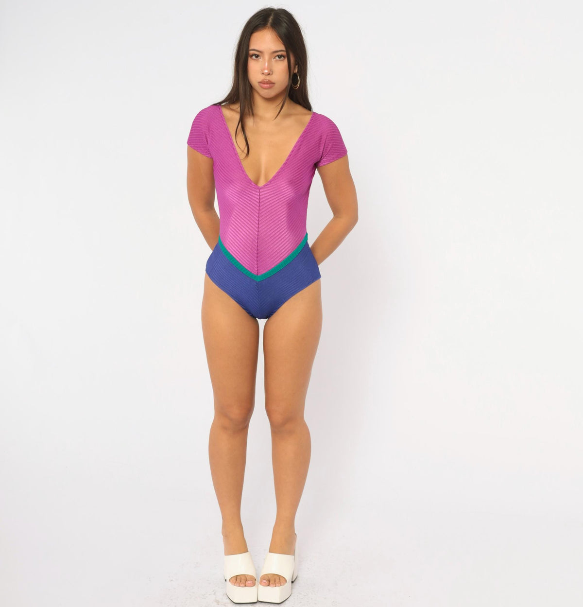 80s Gilda Marx One-Piece Swimsuit Purple Blue Teal Color Block Deep V Small