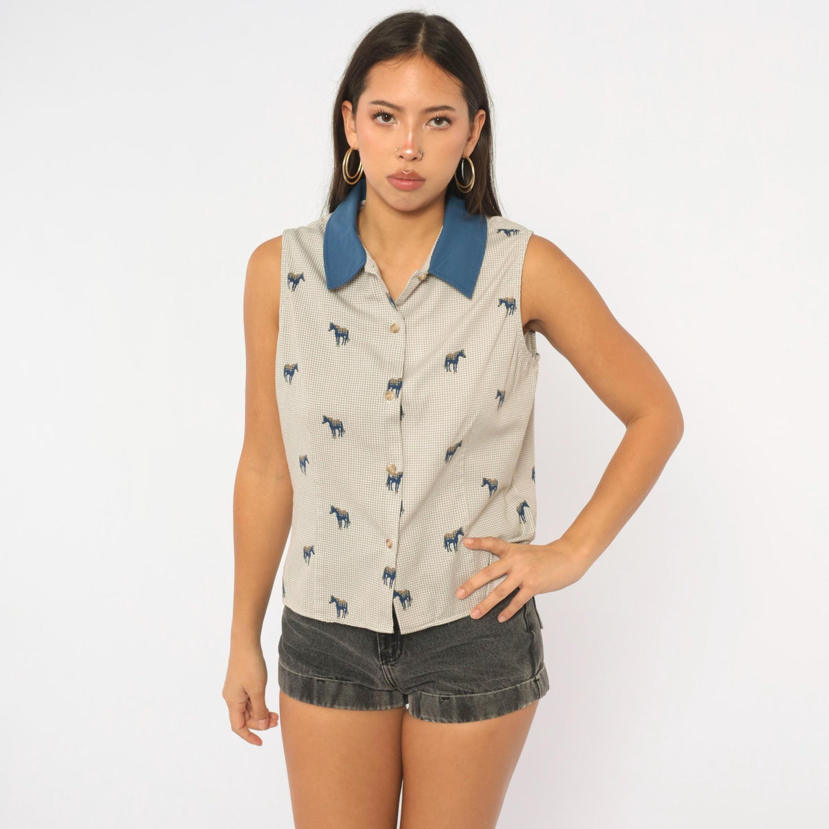 90s Five Star Horse Print Sleeveless Blouse Beige Cobalt Collar Small