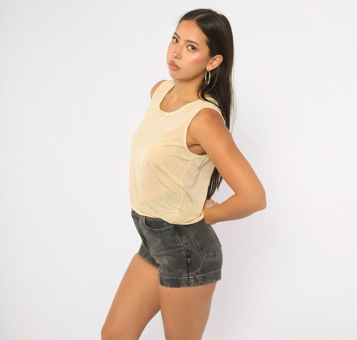 80s L.L.Bean Cream Silk Tank Top Pointelle Knit Scalloped Scoop Neck Small