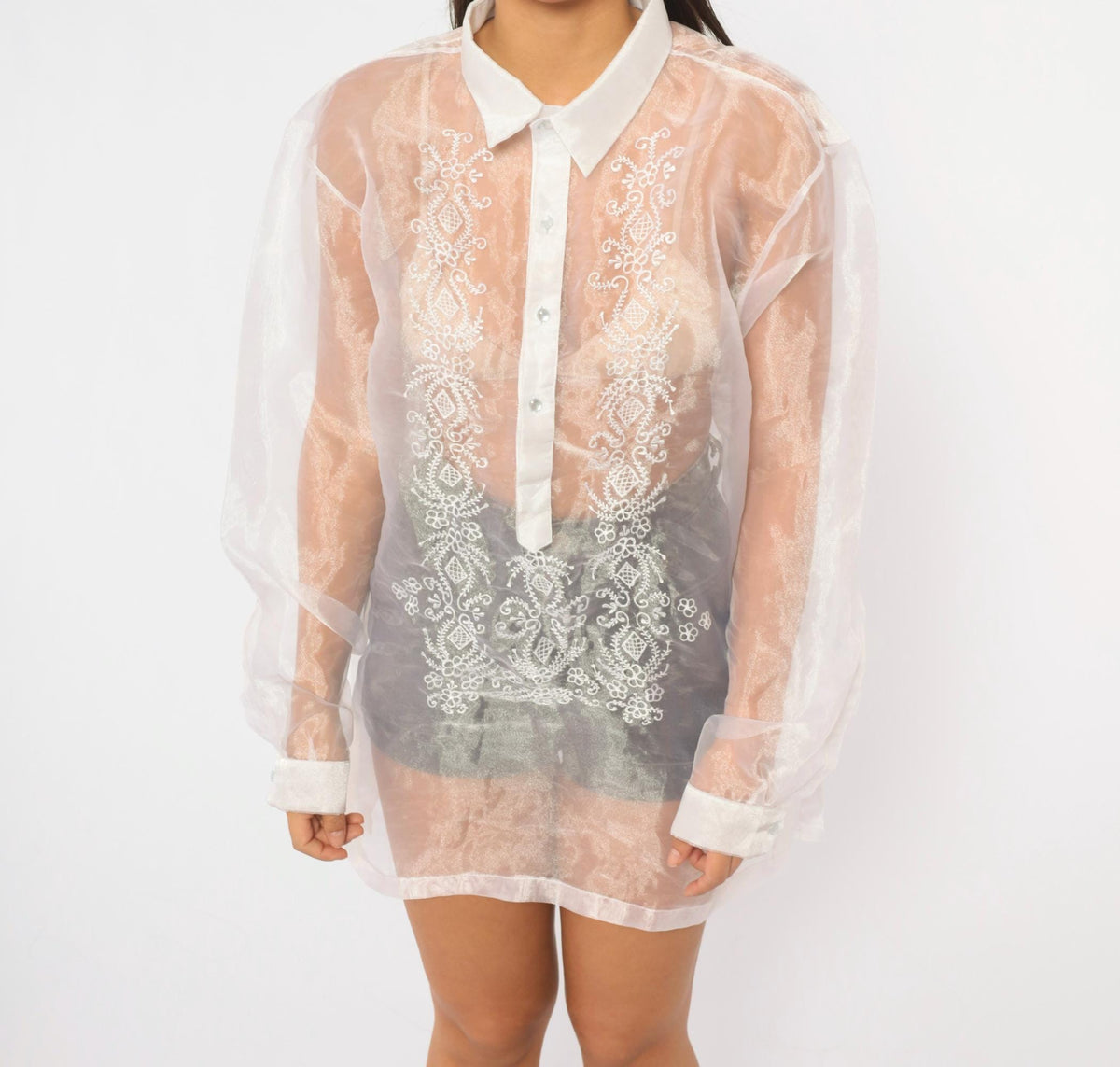 90s White Organza Blouse Embroidered Floral Pointed Collar Sheer Long Sleeve Extra Large XL
