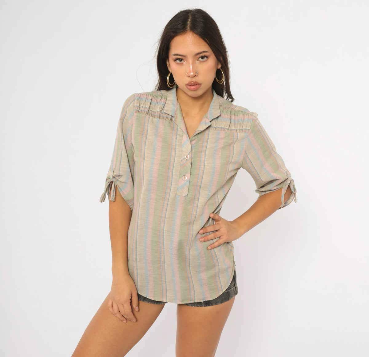 80s Caribou Pastel Striped Cotton Blouse Tie Sleeve Collared V Neck Large L
