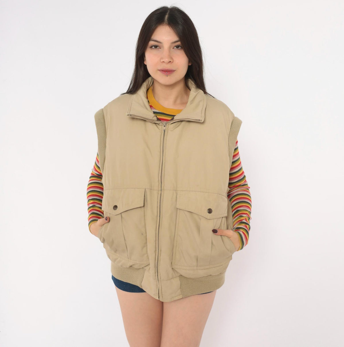 70s Natural High Down Bomber Jacket Convertible Zip-Off Sleeves Tan Medium