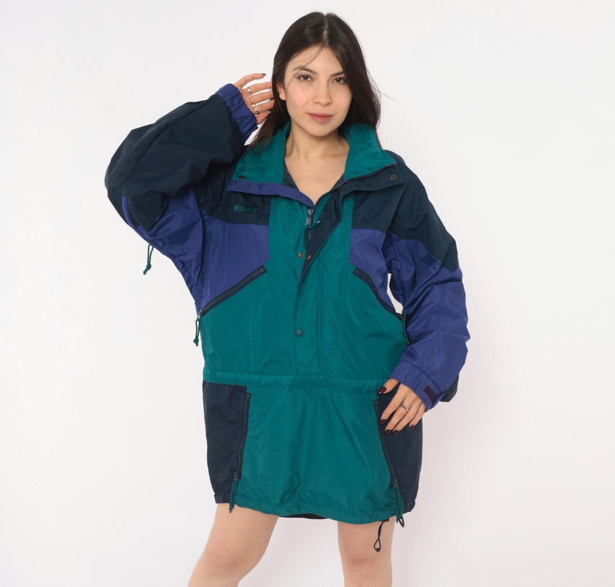 90s Columbia Anorak Navy Teal Purple Color Block Windbreaker Half Zip Small