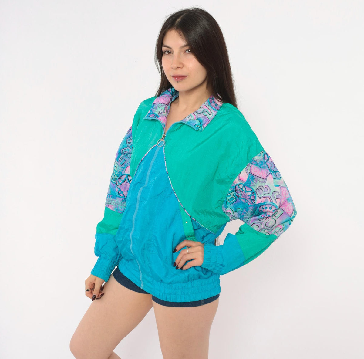 90s Otello Pelle Teal Windbreaker Geometric Color Block Jacket Medium