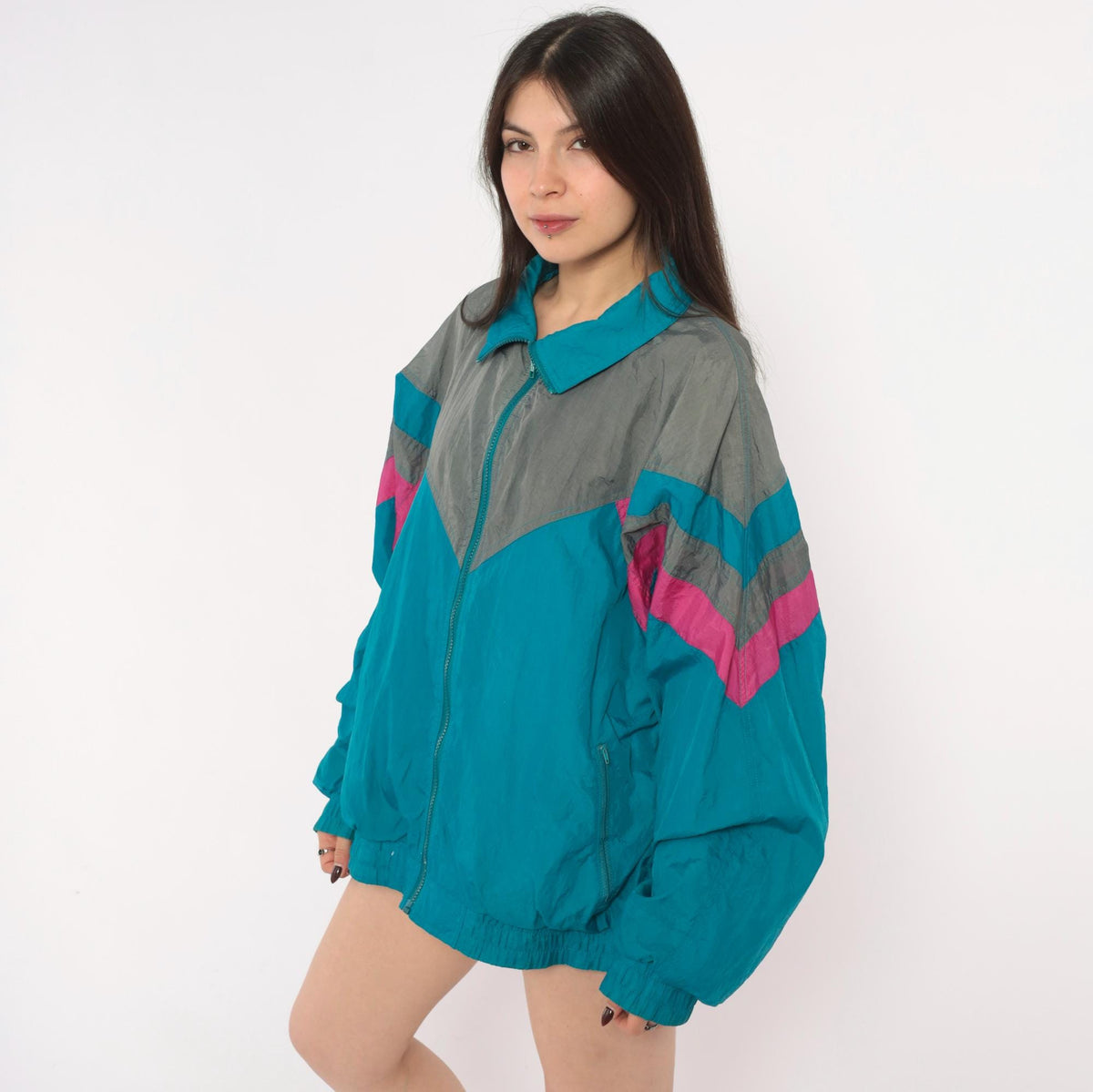 90s Pacific Sports Windbreaker Teal Blue Chevron Colorblock Jacket Large L