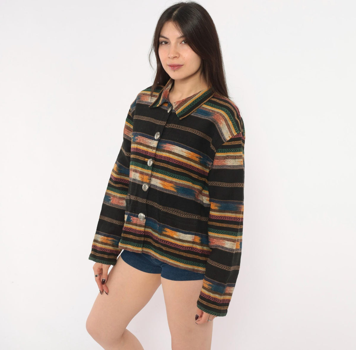 90s TanTrums Southwestern Woven Jacket Black Tapestry Concho Button Medium