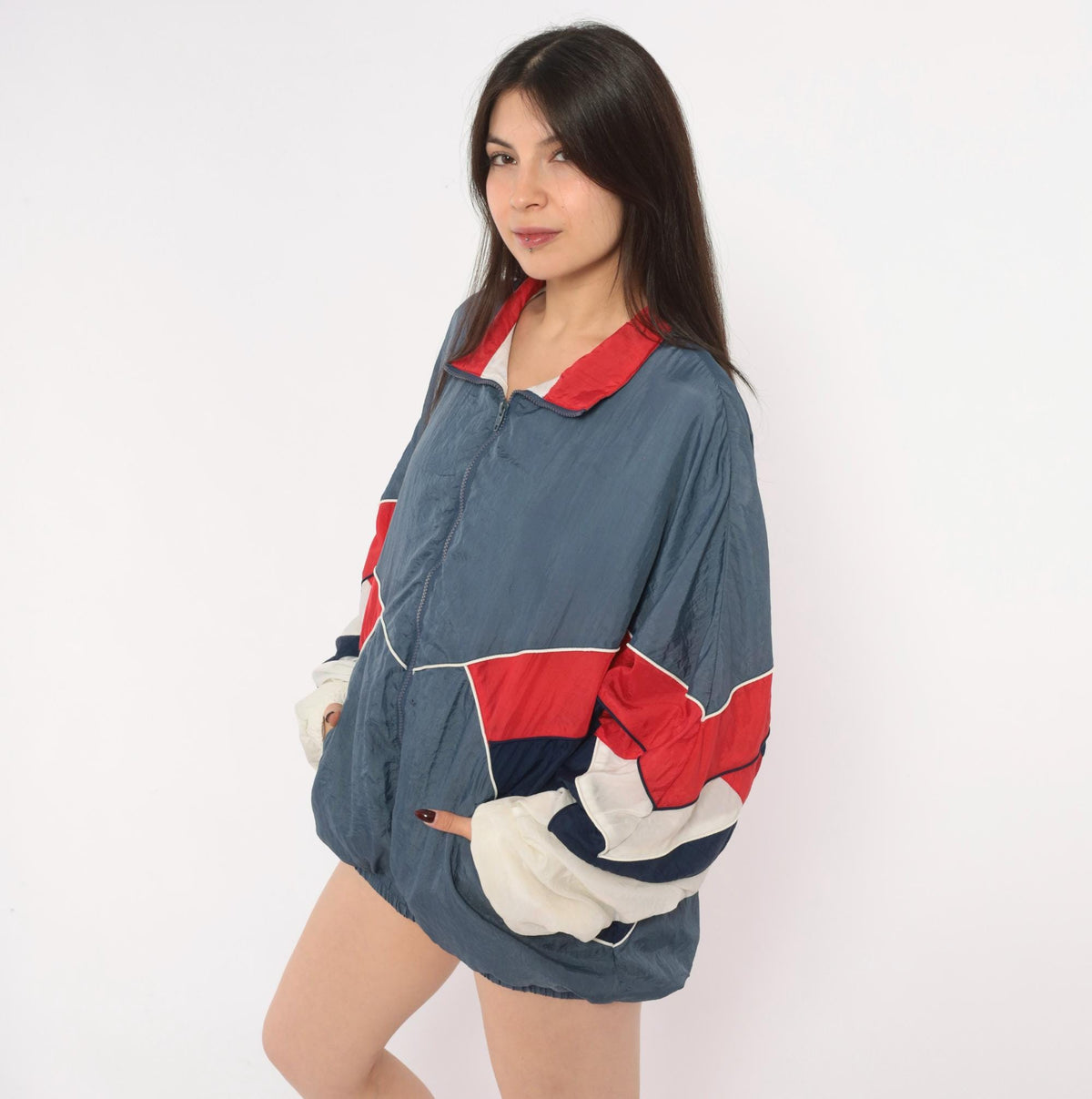 90s Avait Sportif Windbreaker Jacket Colour Block Chevron Blue Navy Cream Extra Large