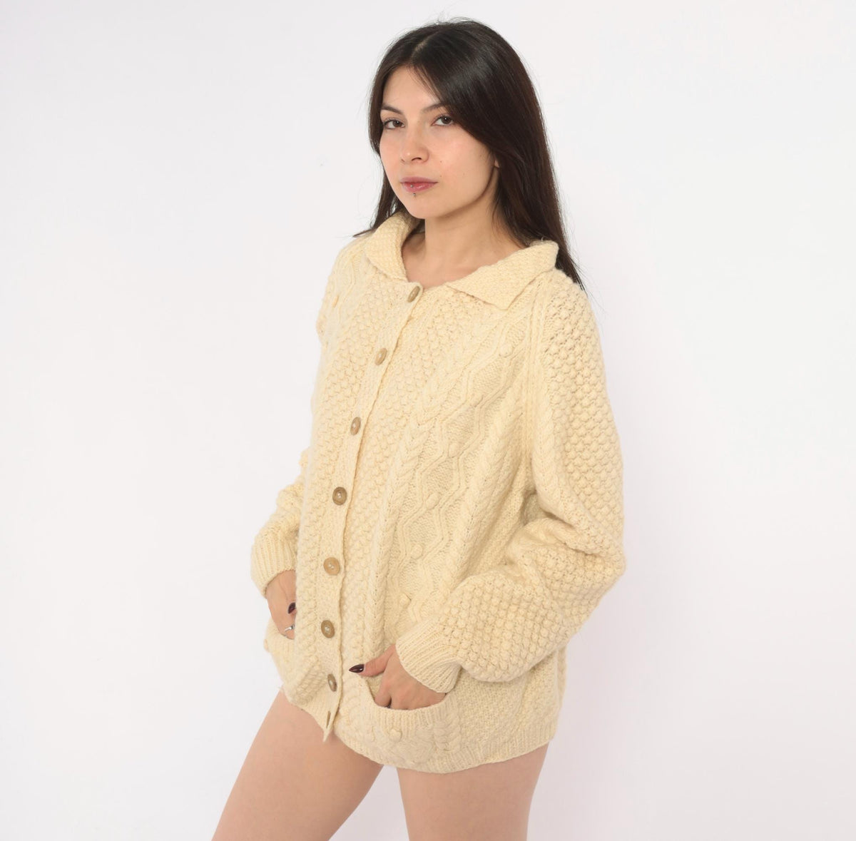 80s Cream Cable Knit Wool Cardigan Fisherman Collar Button Front Large L