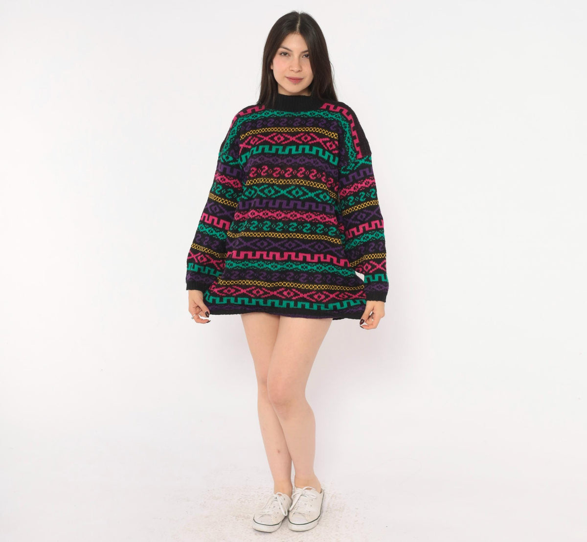 90s Private Eyes Fair Isle Sweater Black Rainbow Geometric Knit Large L