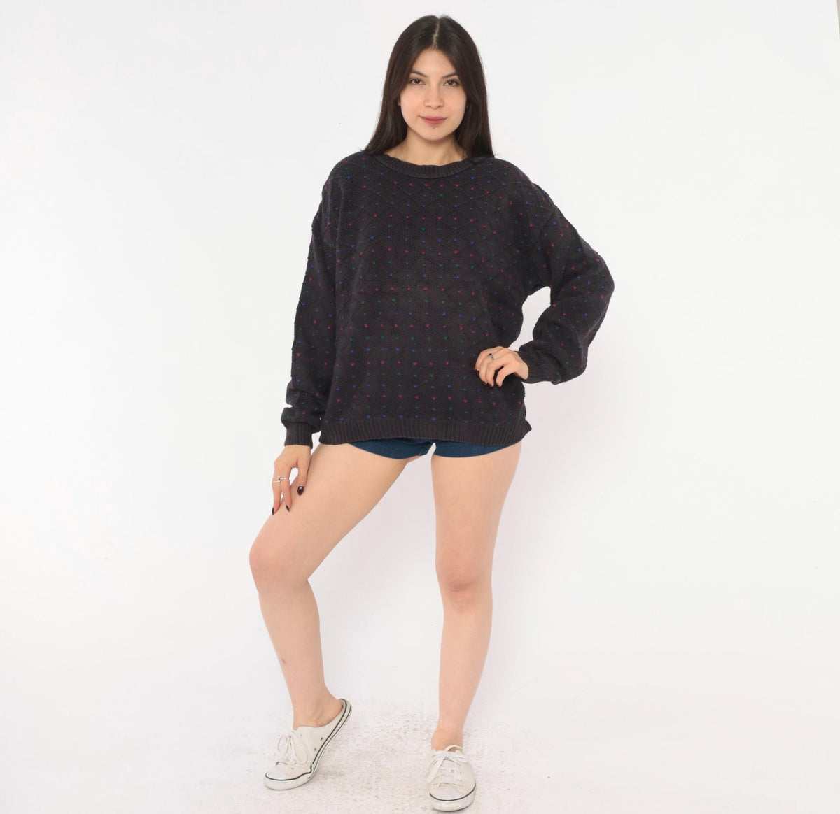 80s Eddie Bauer Cotton Knit Pullover Navy Diamond Pattern Medium
