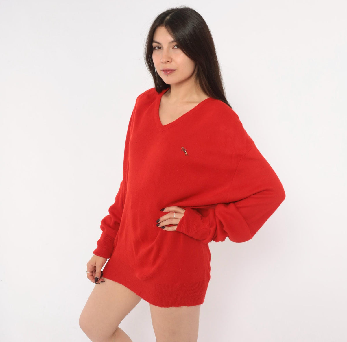 80s Steeplechase Red V-Neck Sweater Embroidered Horse Equestrian Knit Large