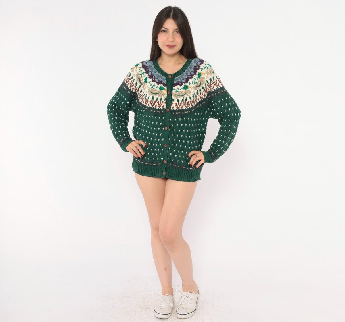 90s Northern Isles Fair Isle Cardigan Mallard Duck Forest Green Medium