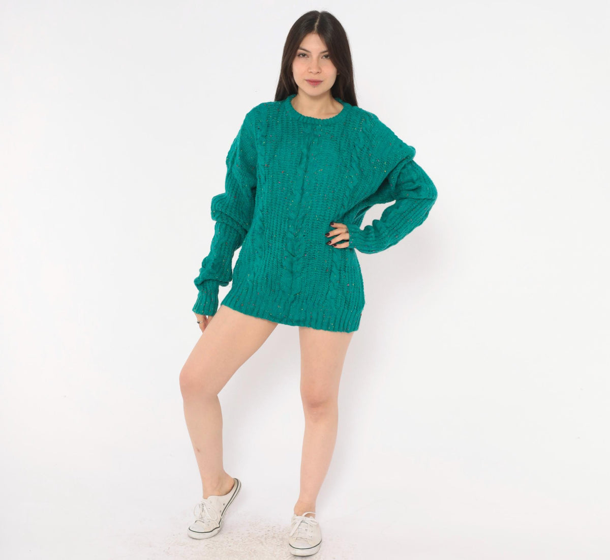 90s Cattivo Teal Cable Knit Wool Sweater Multicolor Speckled Crewneck Extra Large