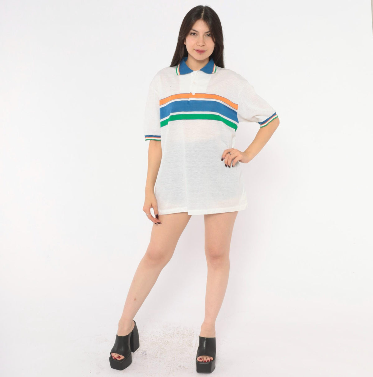 80s Robert Bruce Striped Polo Shirt White Blue Orange Green Extra Large