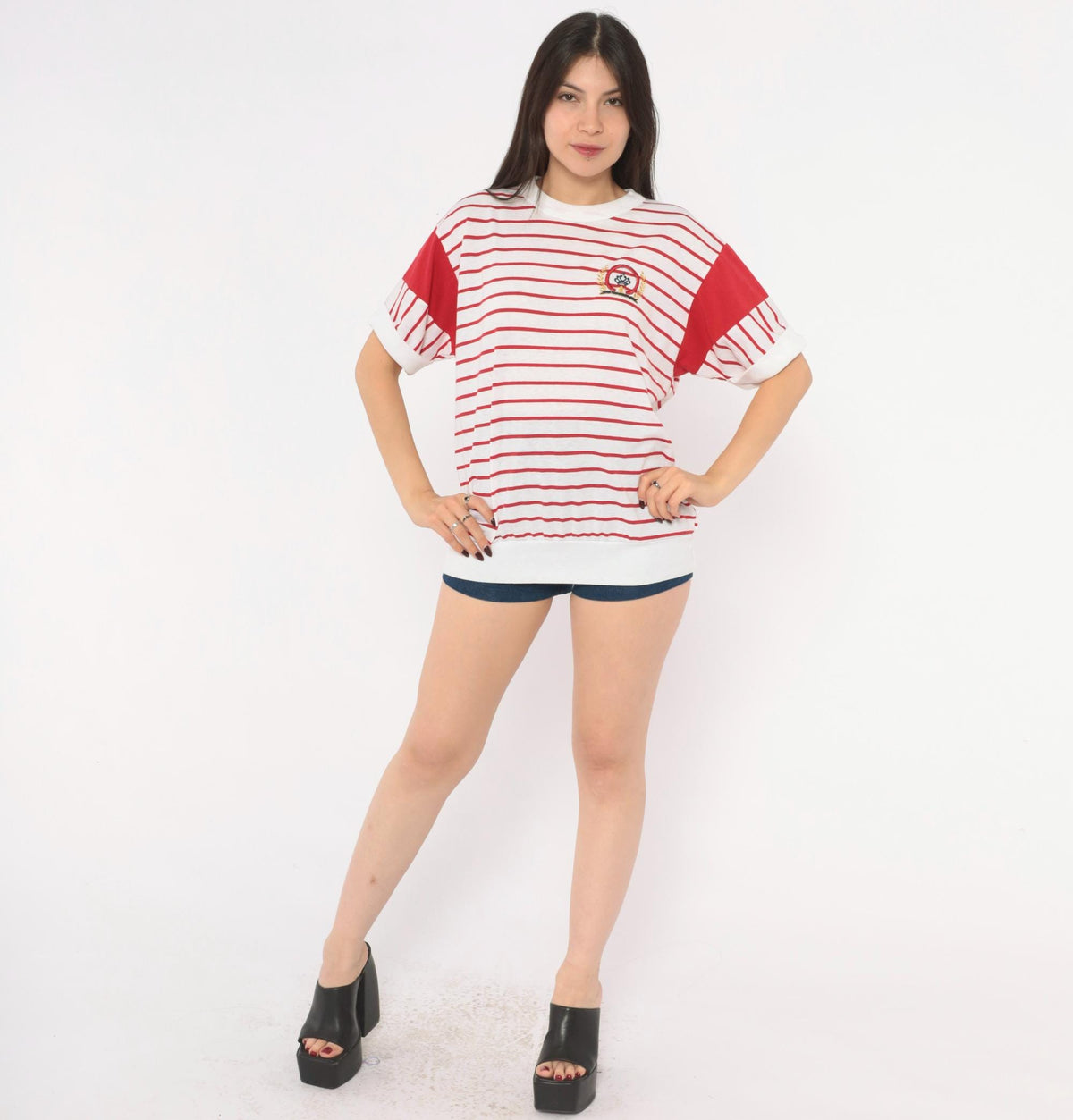 80s Golden Plaza Nautical Striped Tee Red White Embroidered Crest Large