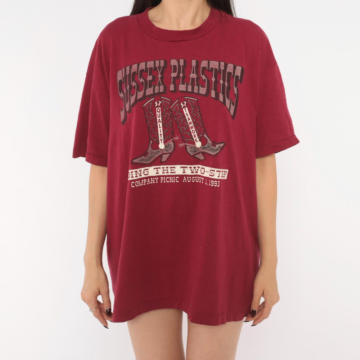 90s Fruit of the Loom Cowboy Boots Graphic Tee Burgundy Western Print Large