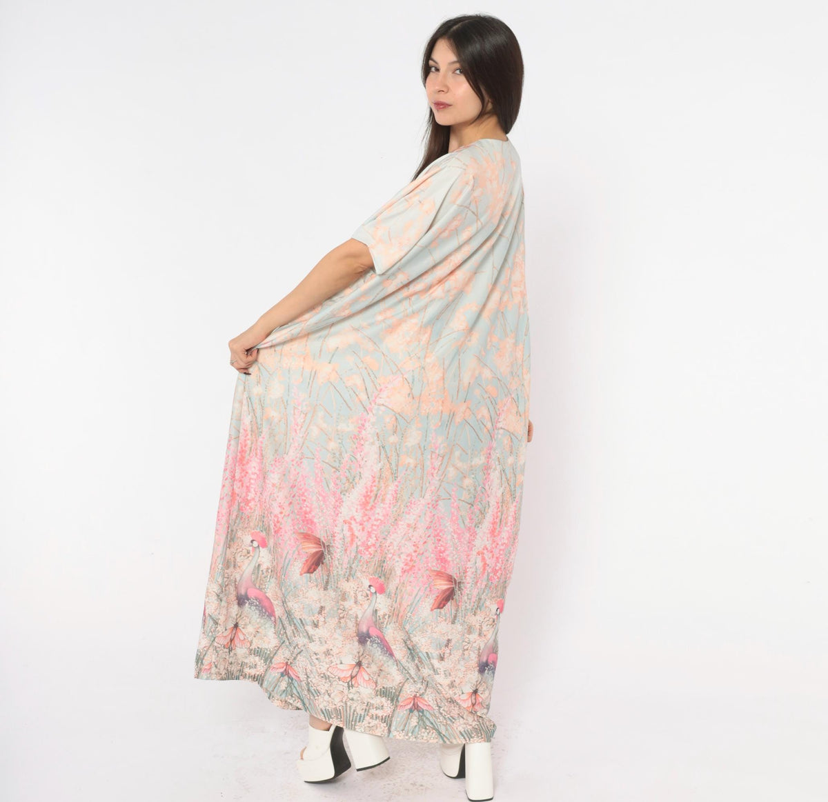 70s T.V. Sangers Crane Bird Caftan Maxi Dress Blue Pink Floral Large