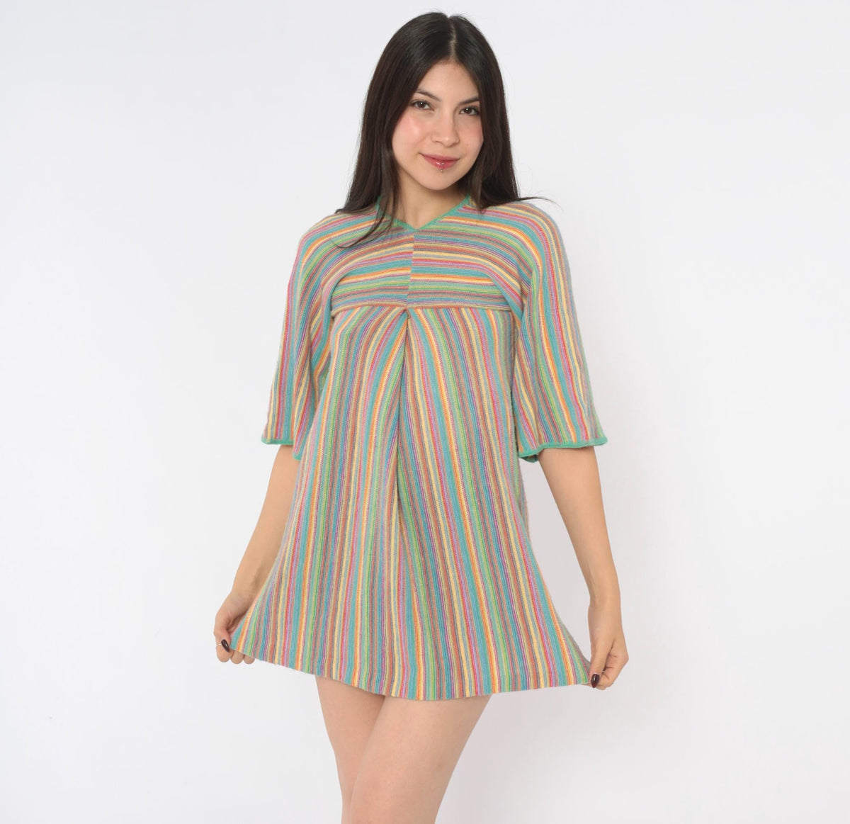 70s Key of Gee Rainbow Striped Knit Mini Dress V Neck A Line Extra Small
