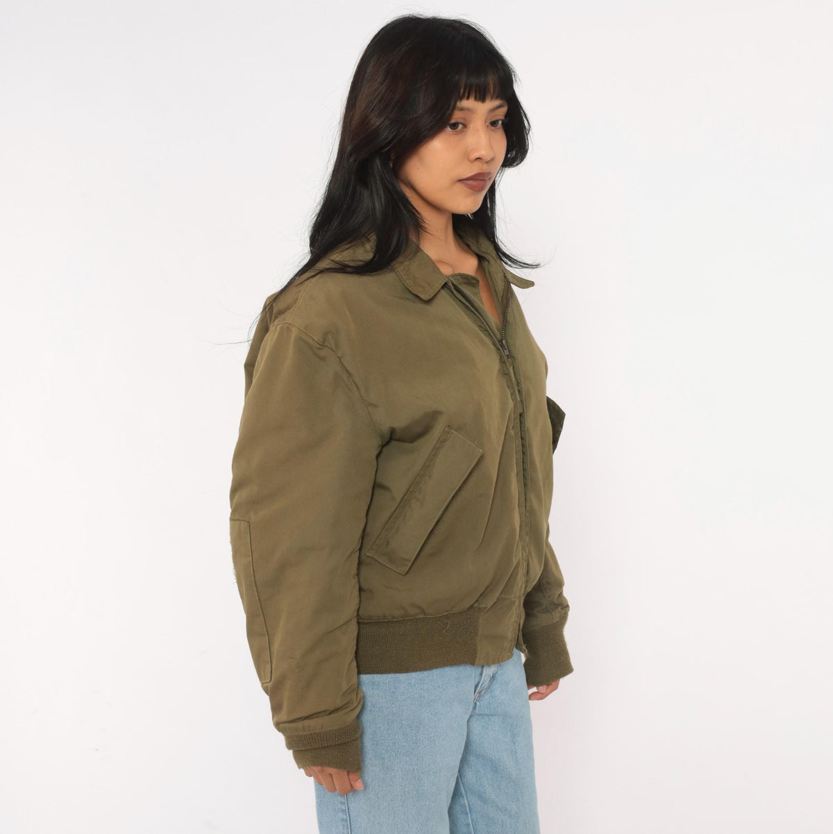 90s Olive Green Military Flight Jacket Bomber Zip Front Medium