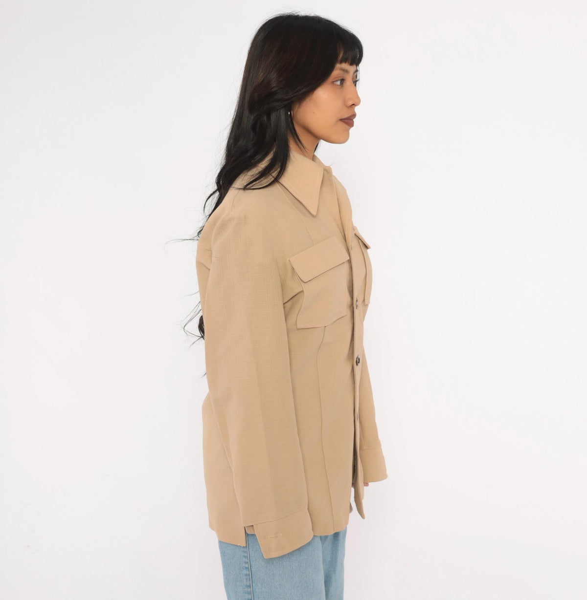 70s Haband Beige Button Front Jacket Pointed Collar Utility Shacket Medium M