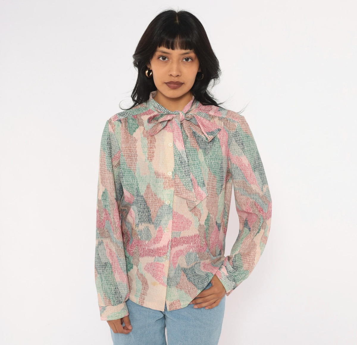 70s Devon Abstract Print Blouse Pink Bow Tie Neck Button Front Medium