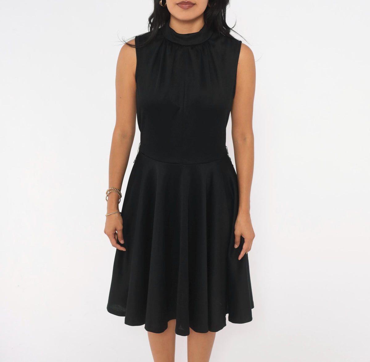 70s Black Mock Neck Sleeveless Dress Circle Skirt Knee Length Medium M