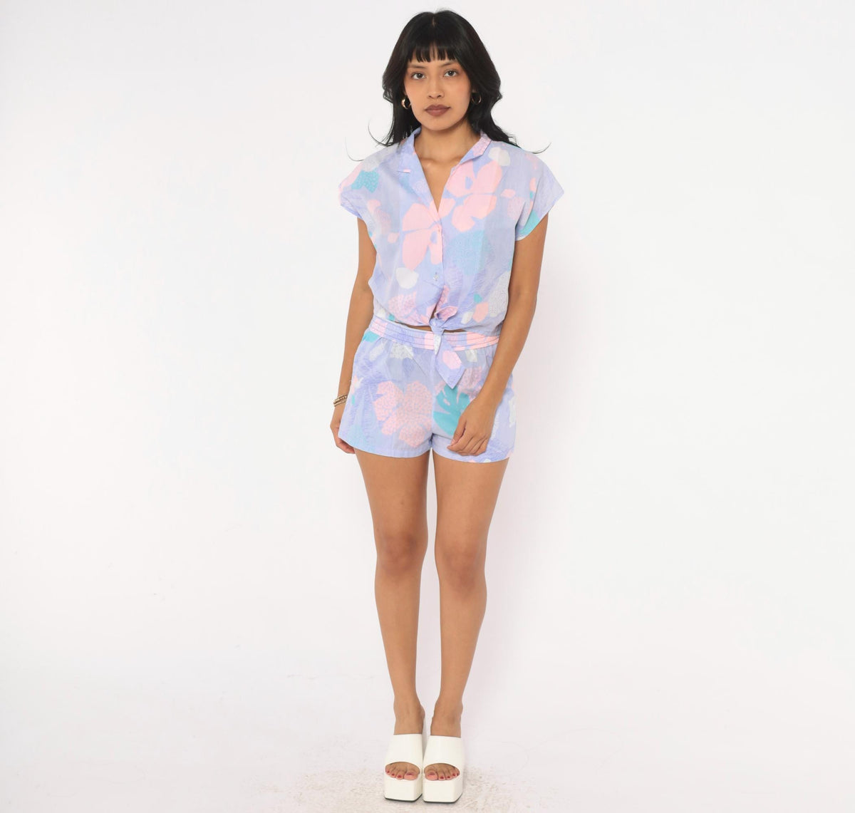 80s Hilo Hatties Purple Floral Two Piece Shorts Set Hawaiian Playsuit Small
