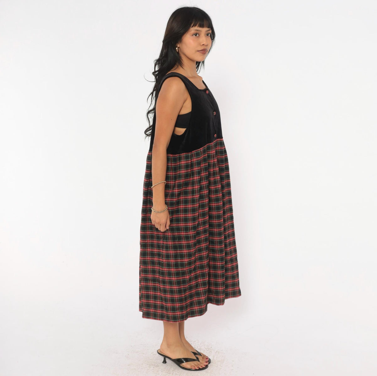 90s Pam's Closet Velvet Plaid Midi Dress Black Red Tartan Medium M