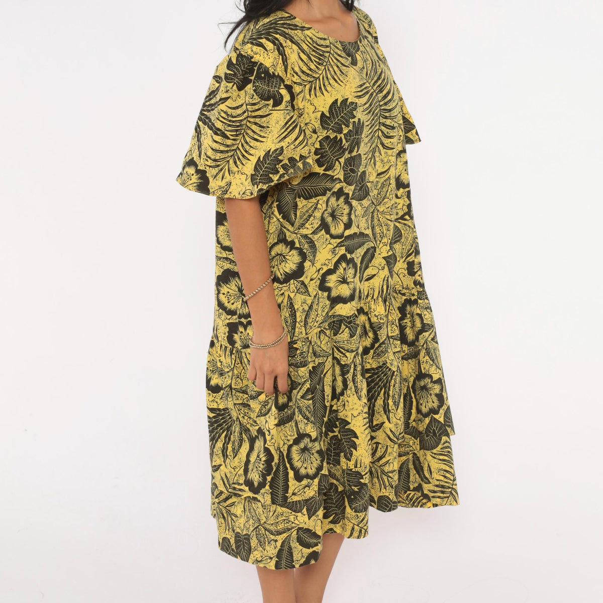 80s Yellow Black Hibiscus Tropical Floral Cotton Dress Flutter Sleeve Extra Large