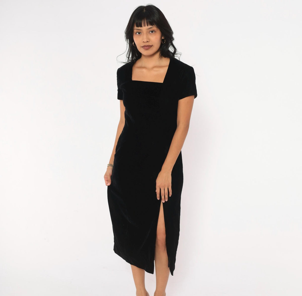 90s Sara Campbell Velvet Midi Dress Black Square Neck Short Sleeve Small S