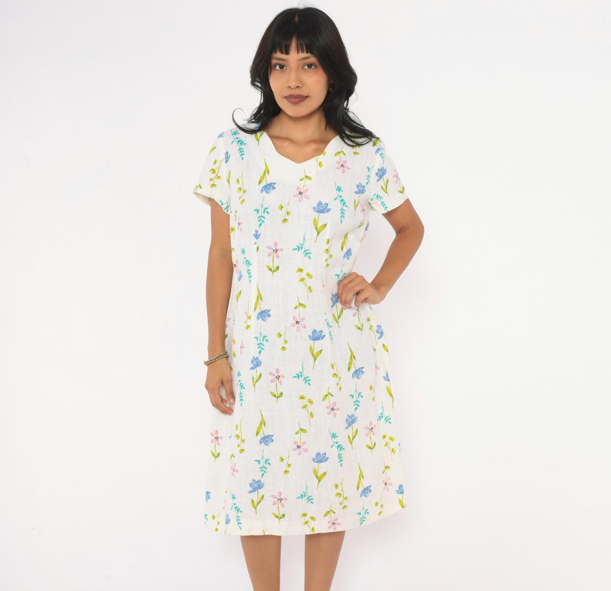 90s White Linen Floral Wildflower Dress V Neck Flutter Sleeve Knee Length Large L