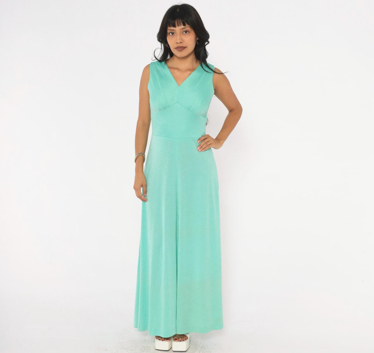 70s Mint Green Maxi Dress Sleeveless V-Neck Empire Waist A-Line Small