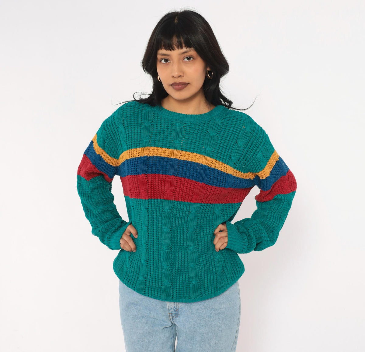 80s Teal Cable Knit Sweater Color Block Stripes Crew Neck Medium M