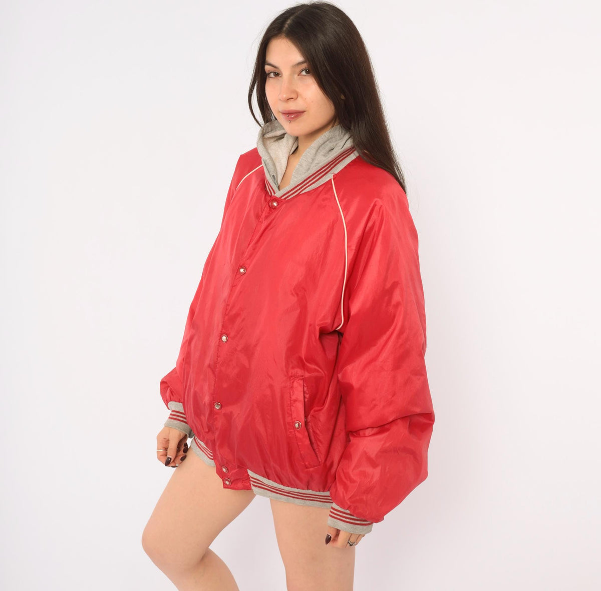 80s Bass Pro Shops Hooded Bomber Jacket Red Grey Raglan Windbreaker Medium