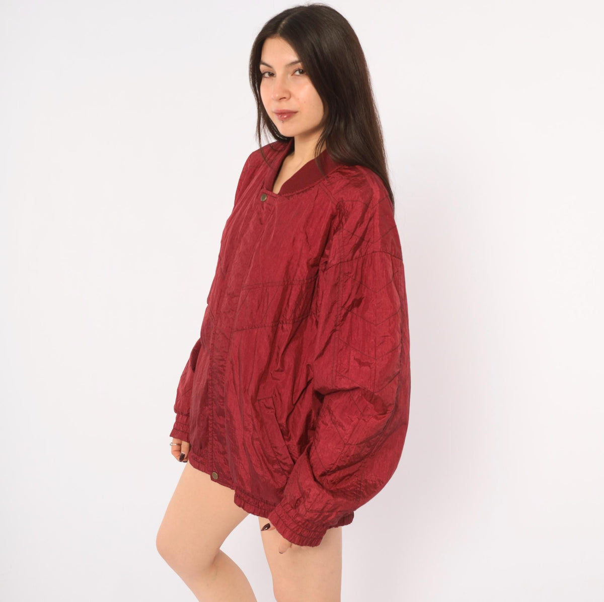 80s Burgundy Bomber Jacket Nylon Windbreaker Snap Collar Lined Large L