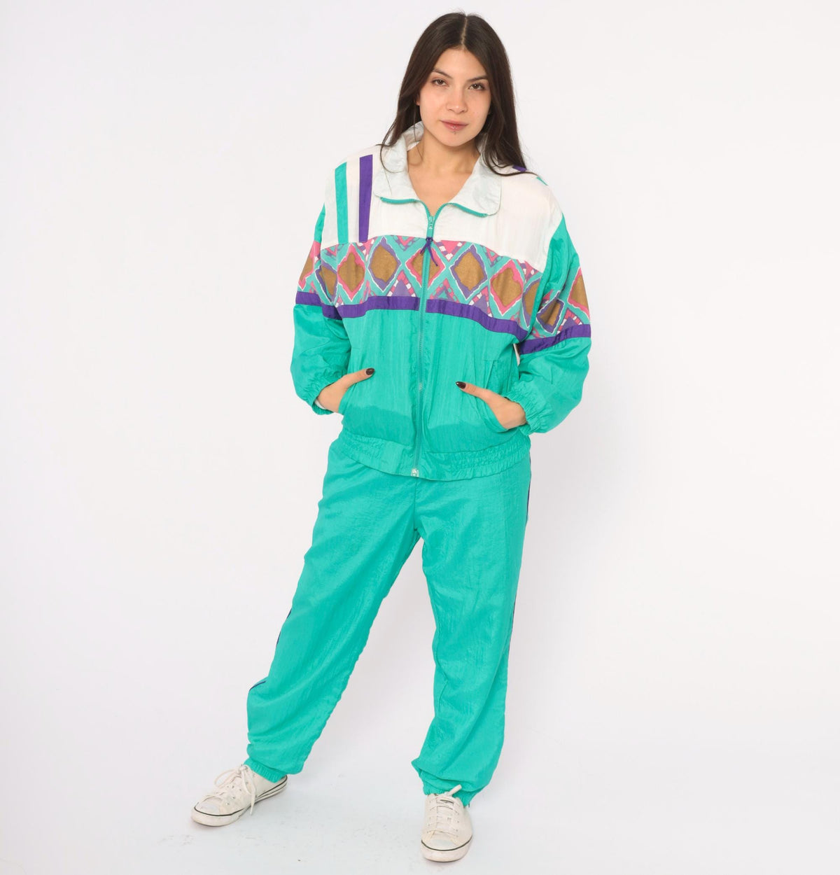 90s PS Sport Teal Tracksuit Set Windbreaker Jacket Jogger Pants Geometric Diamond Print Small