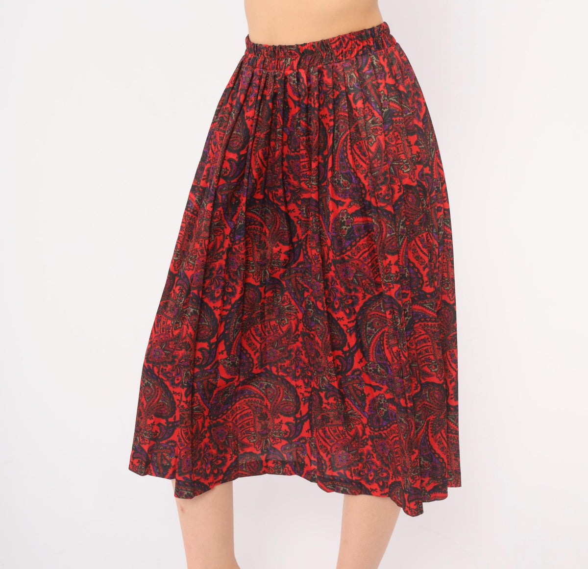 90s Paisley A-Line Skirt Red Black Purple Print Elastic Waist Large L